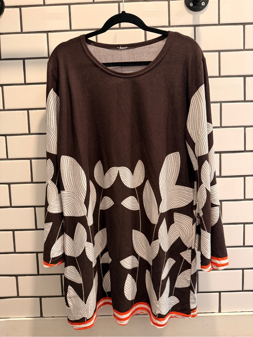 Brown Long-Sleeve Floral Tunic with Ivory Print